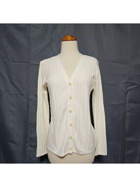 Vintage First Issue Liz Claiborne Cream Rib Knit Cardigan Sweater V-Neck S